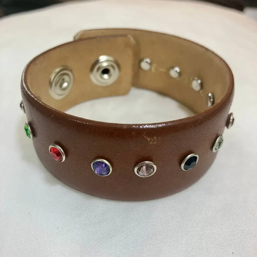 Upcycled crystal leather cuff bracelet, glove tanned leather fashion jewelry